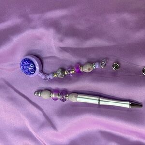 Beaded Retractable Badge Reel and Pen Set - Lavender
